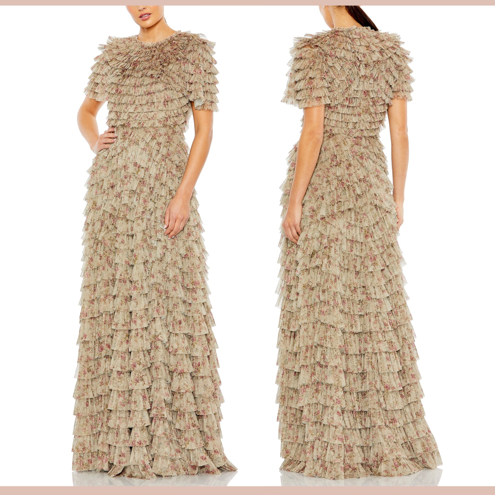 Nwt Mac Duggal [ 10 ] 8017 Ruffle Tiered Short Sleeve A Line Gown In Ecru #S1933